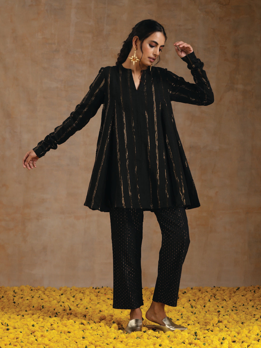 trueBrowns Black Gold Cotton Flared Co-Ord Set - Distacart