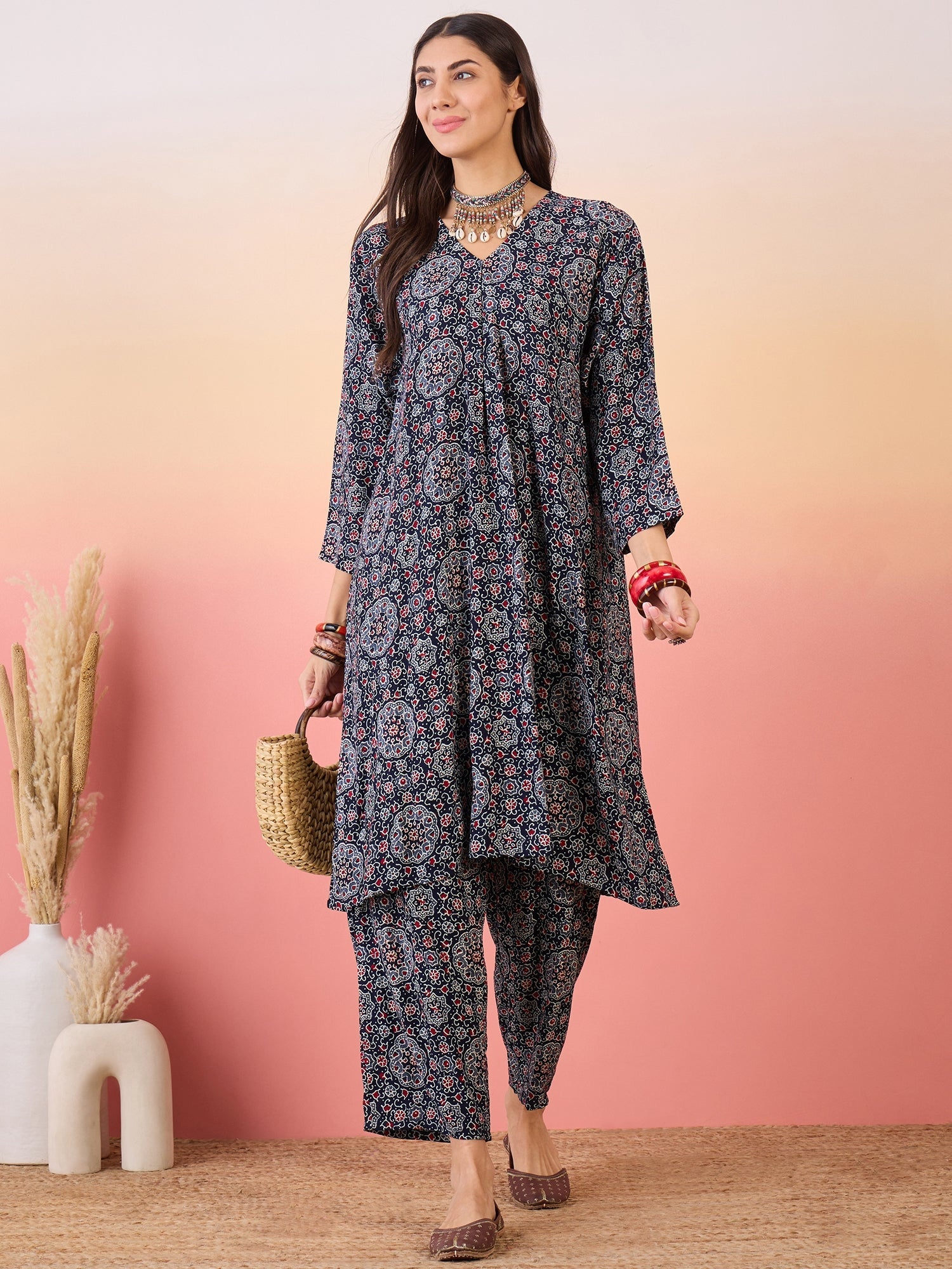 InWeave Navy Maroon Ajrakh Foil V Neck Kurta Pant Set