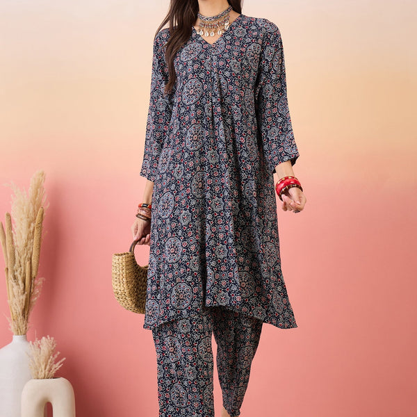 InWeave Navy Maroon Ajrakh Foil V Neck Kurta Pant Set - Distacart