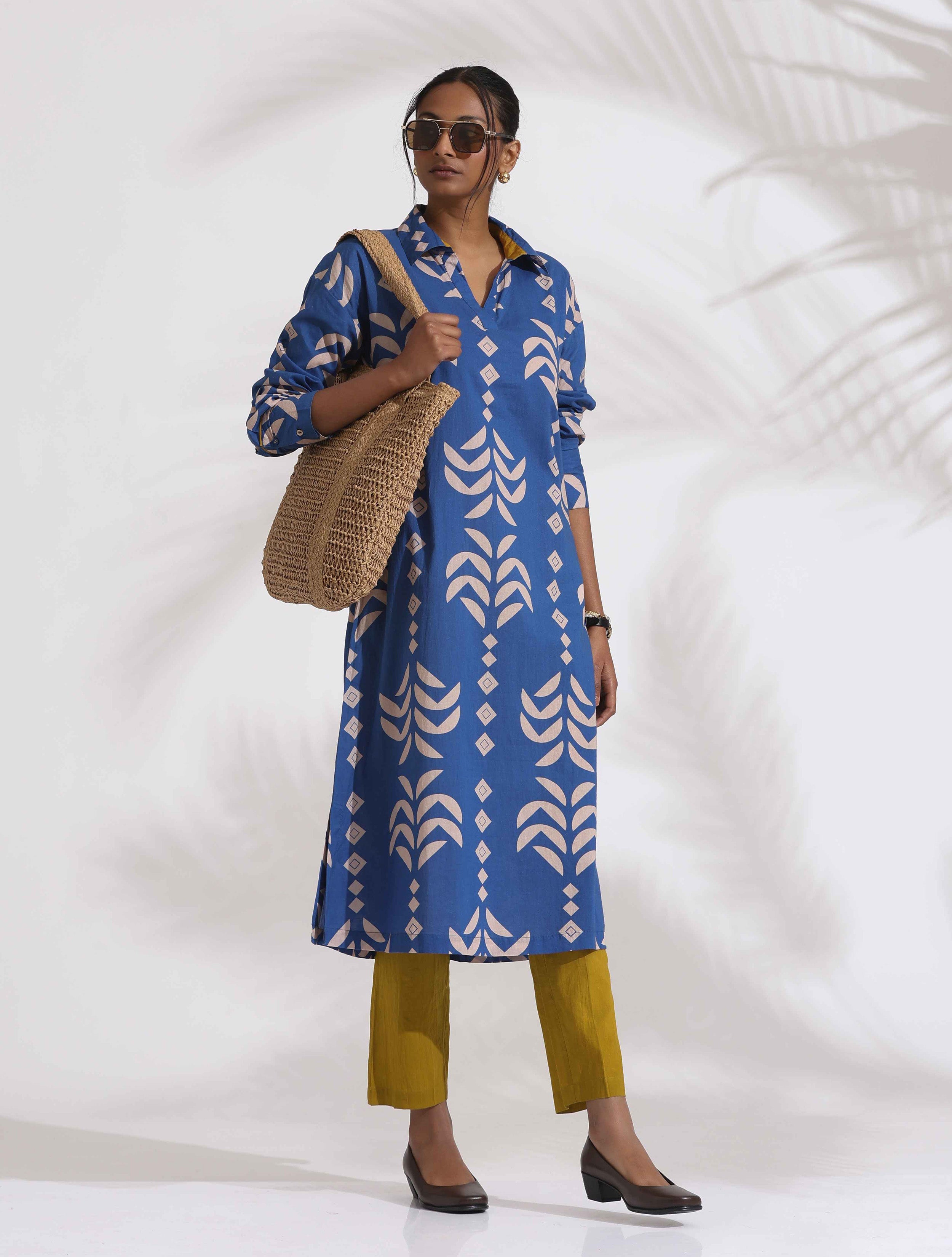trueBrowns Blue Cotton Stripe Print Kurta Set - Distacart