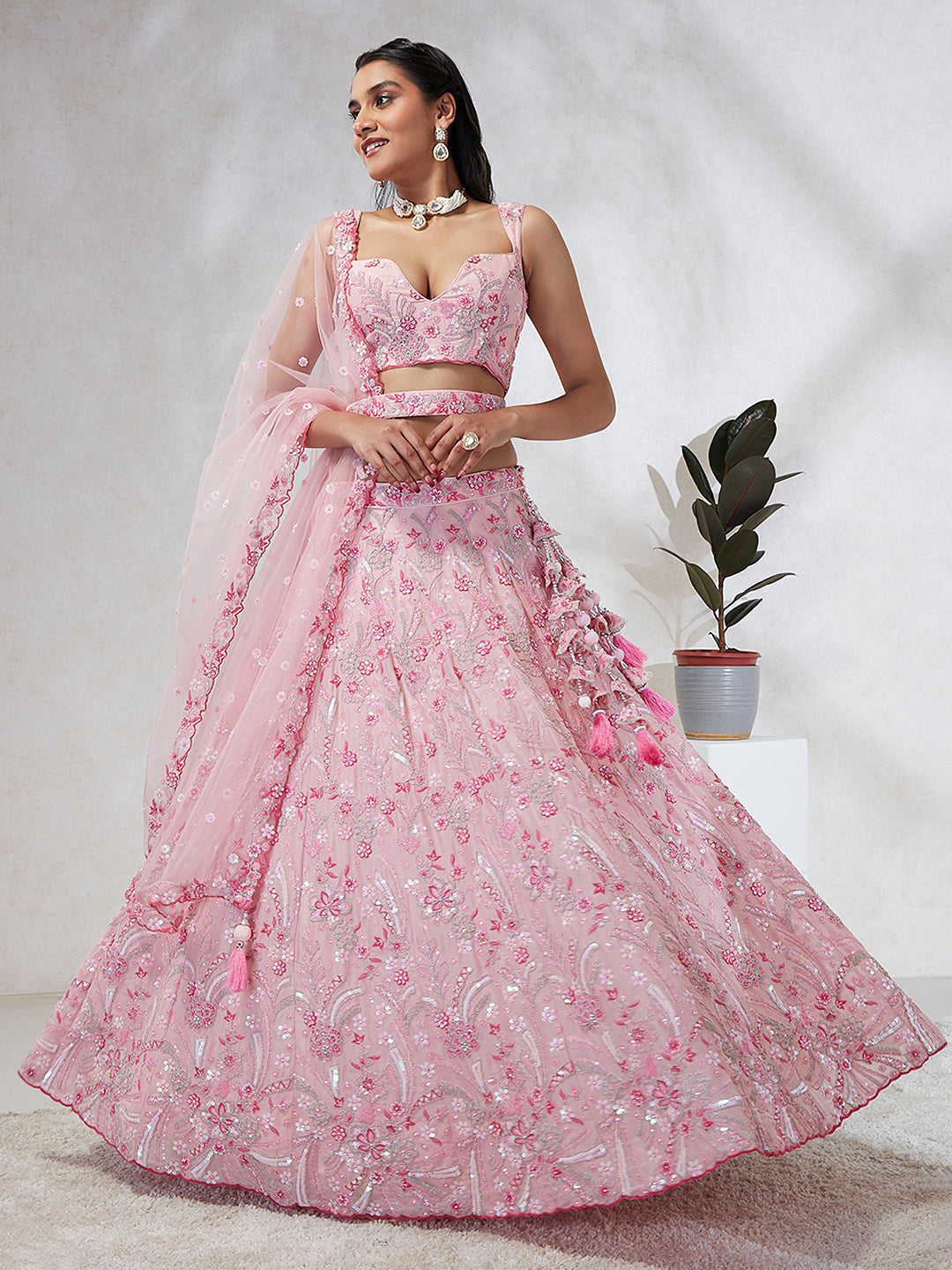 House of Panchhi Pink Georgette Sequins And Thread Embroidery Lehenga Choli & Dupatta - Distacart