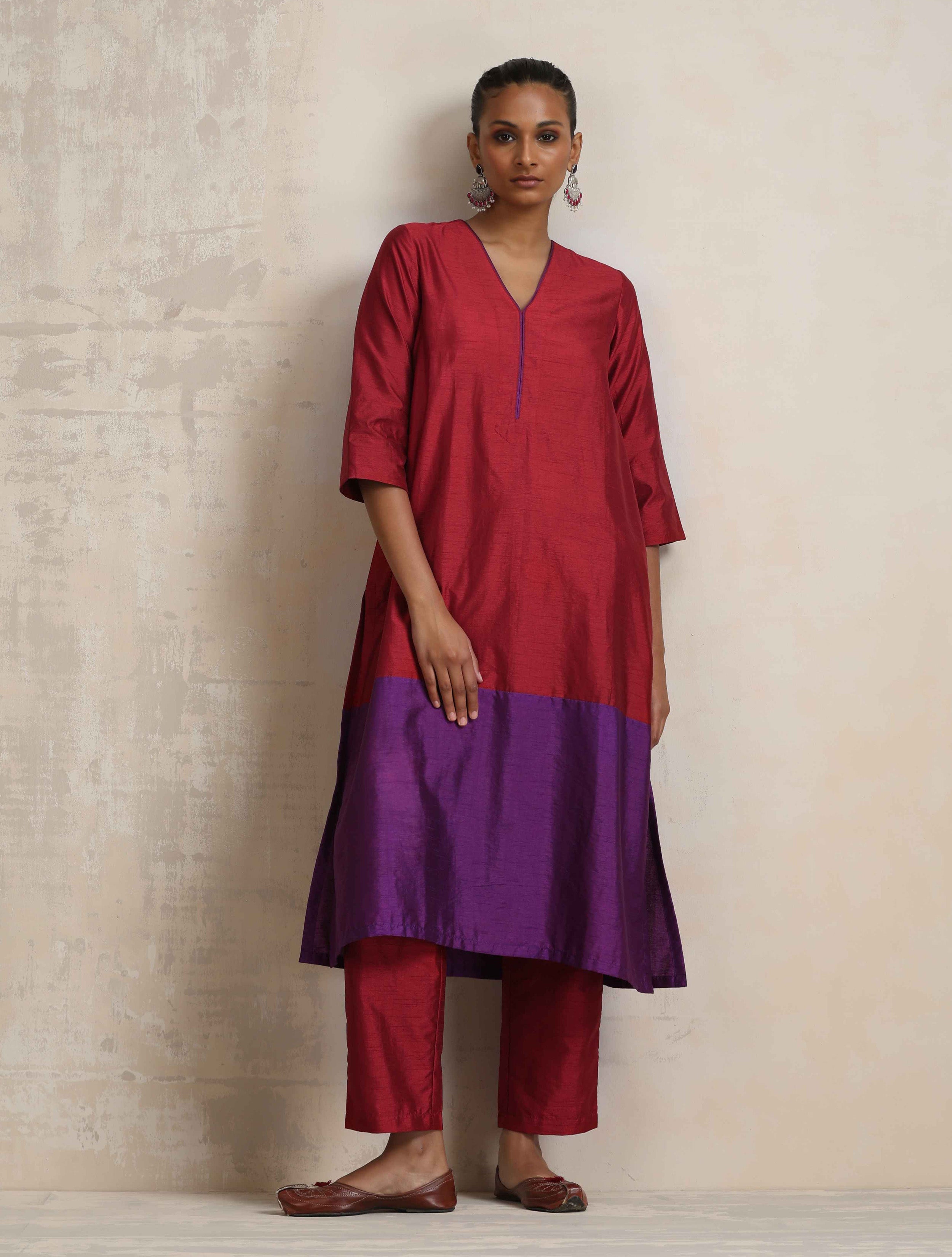 trueBrowns Red Silk Kurta Set - Distacart