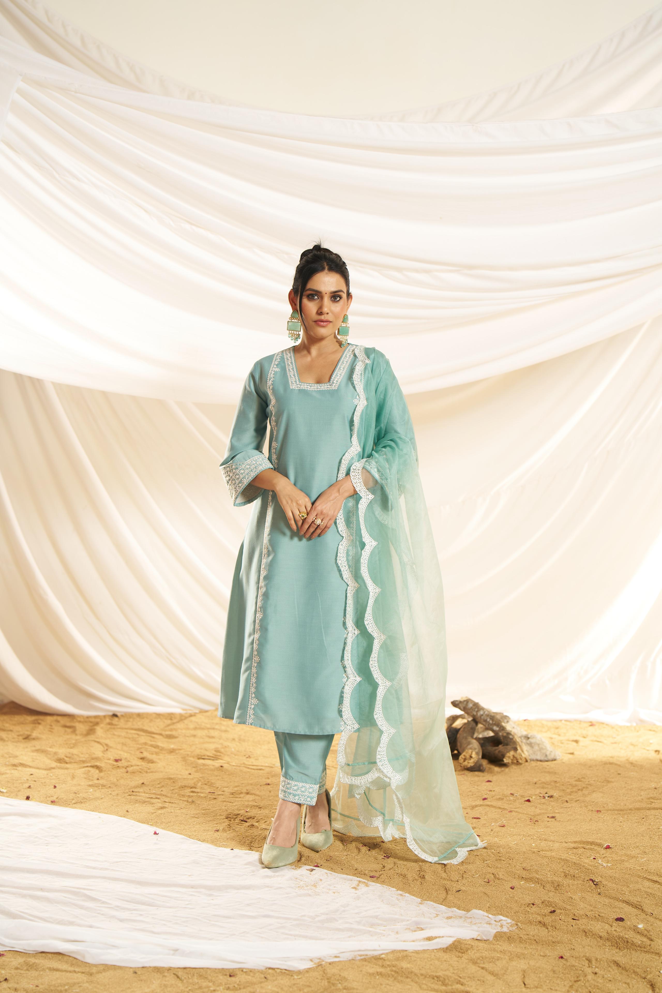 BulBul Women Aqua Embroidered Premium Silk Straight Suit With Dupatta