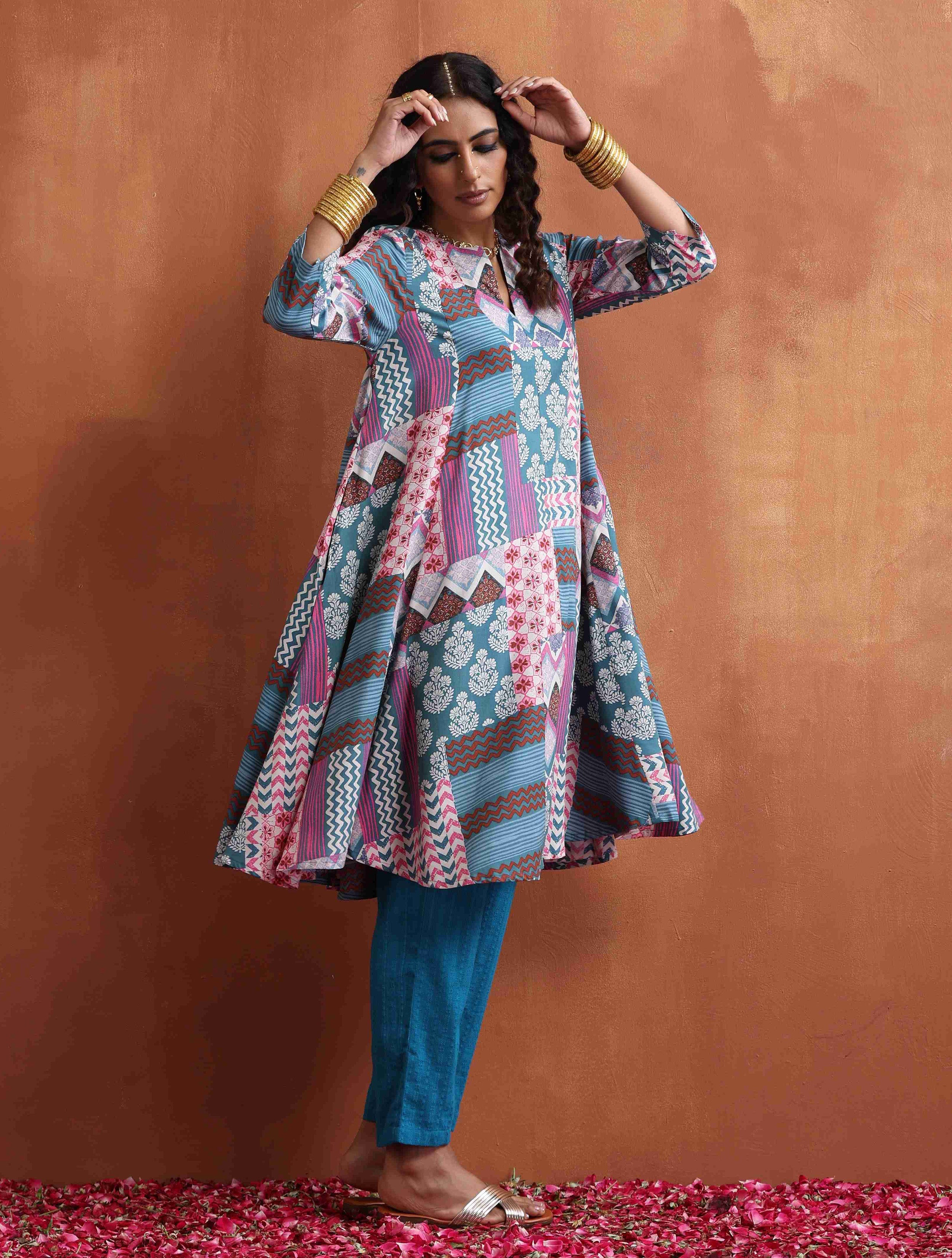 trueBrowns Blue Print Flared Anarkali Kurta Co-ord Set - Distacart