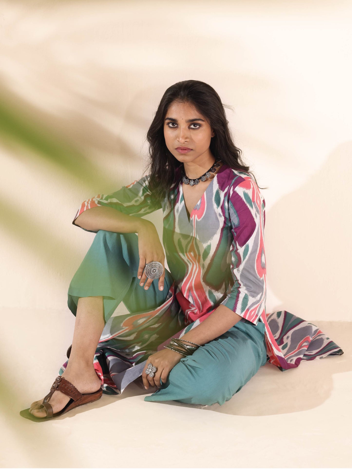 trueBrowns Green Cotton Ikat Kurta Pant Set - Distacart