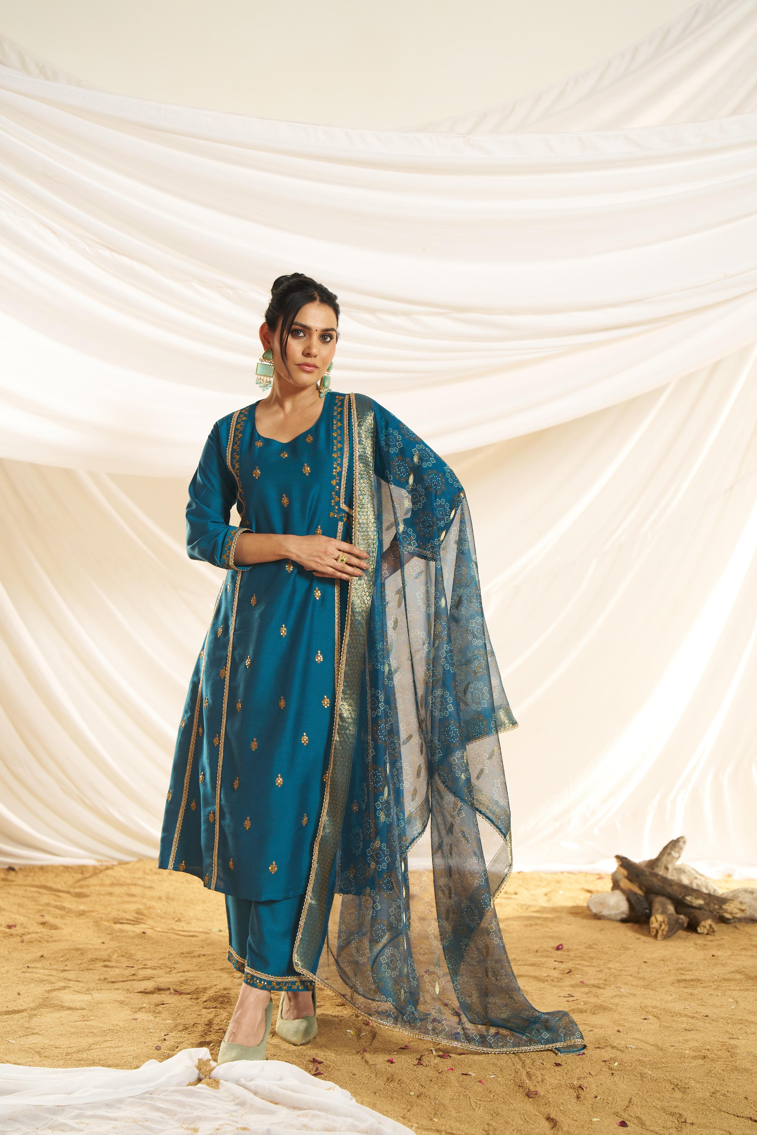 BulBul Women Teal Embellished Premium Silk Ethenic A-Line Kali Suit With Dupatta