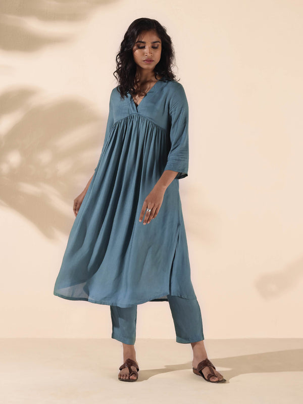 trueBrowns Turquoise Viscose Dobby Flared Kurta Pant Set - Distacart