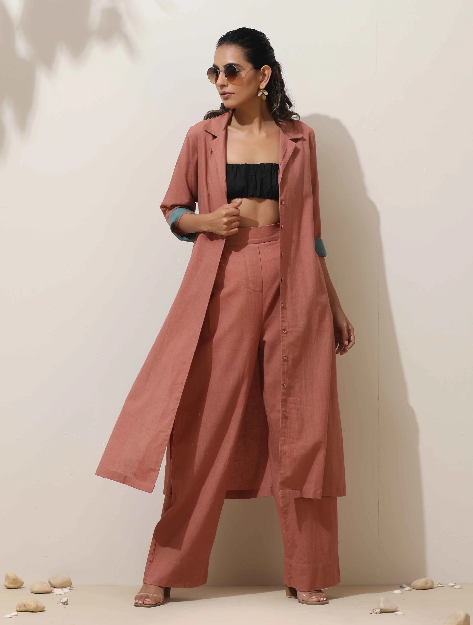 trueBrowns Peach Cotton Linen Kurta Pant Set - Distacart