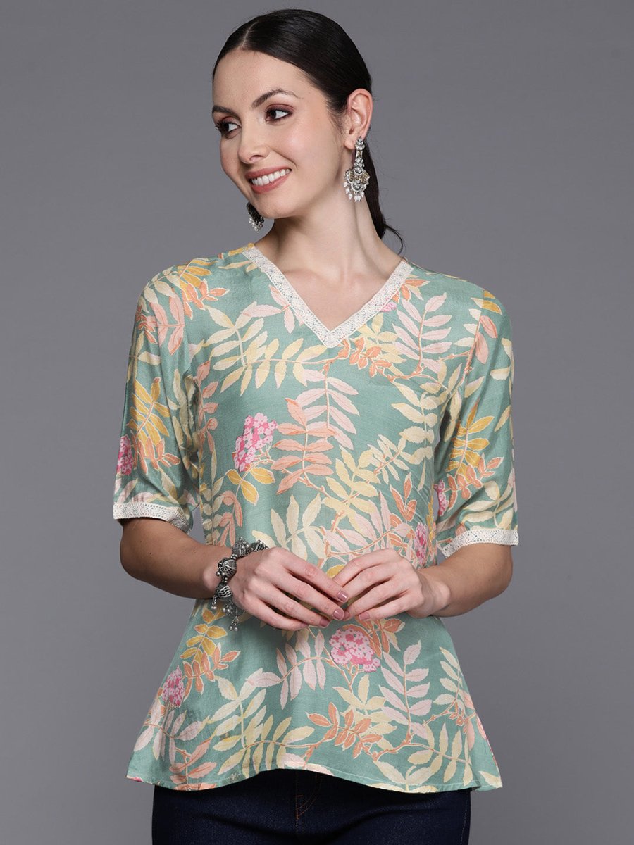 Ahalyaa Floral Printed Tunic with Lace Inserts Detail - Distacart