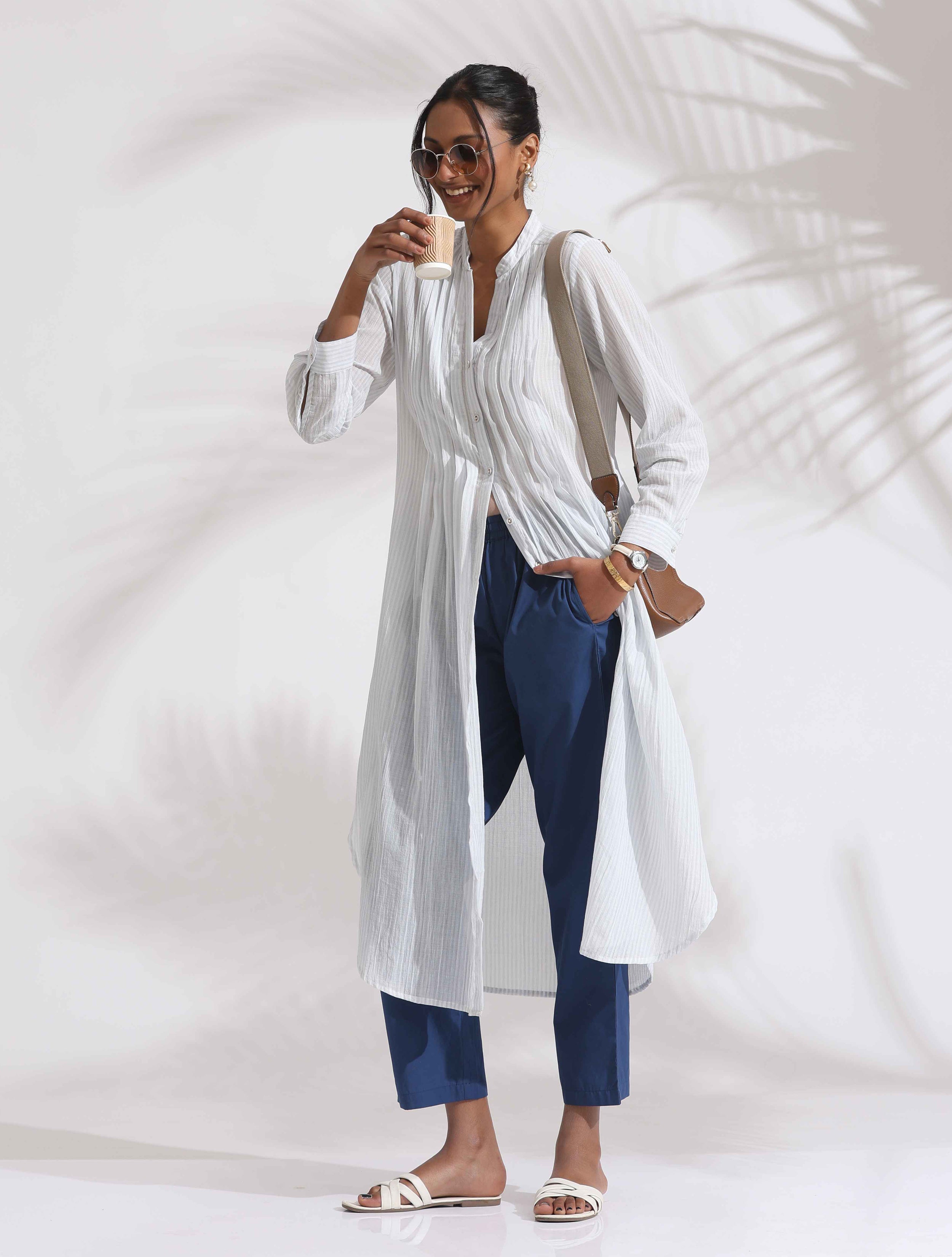 trueBrowns White Cotton Stripe Pleated Shirt Kurta Set - Distacart