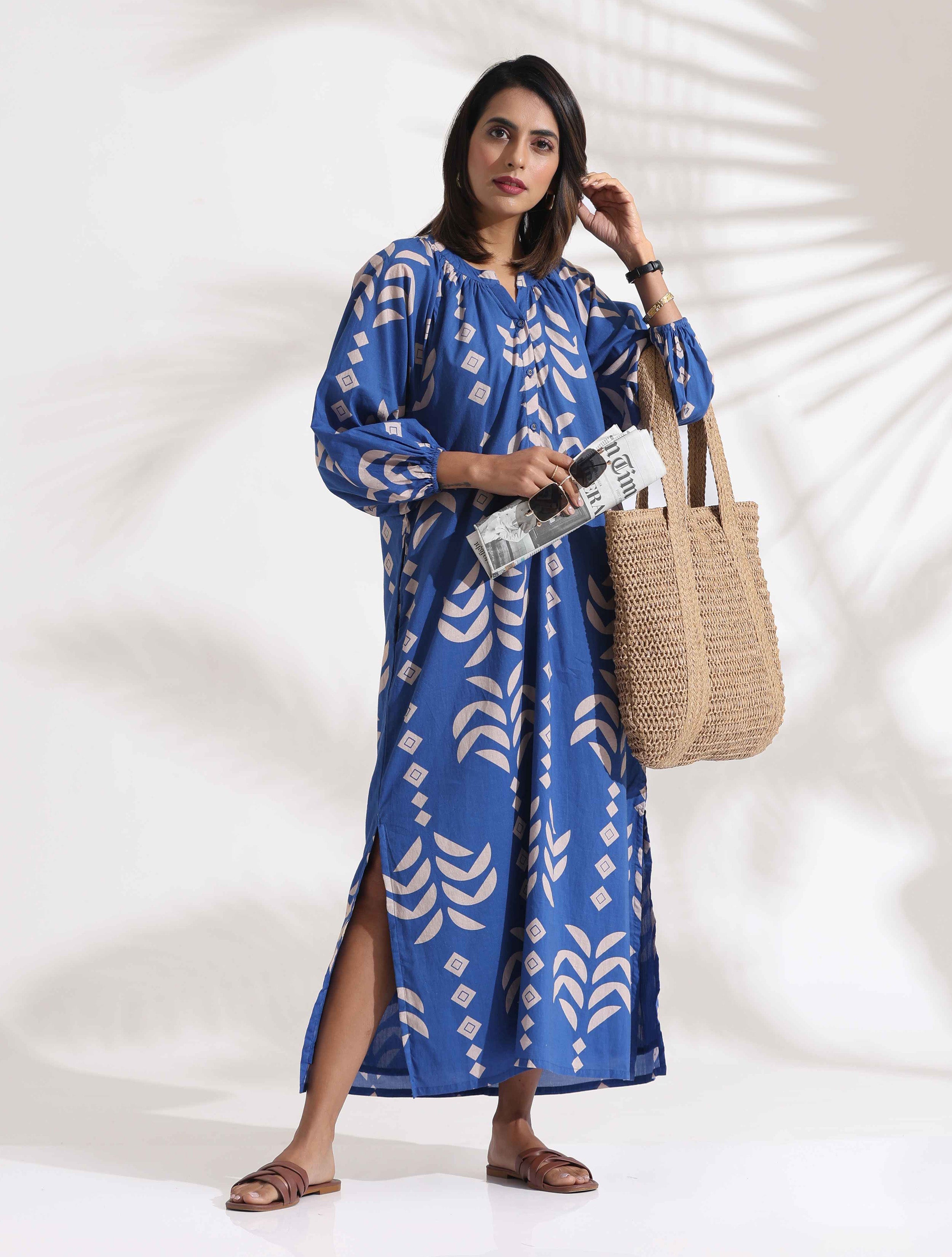 trueBrowns Blue Cotton Print Dress - Distacart