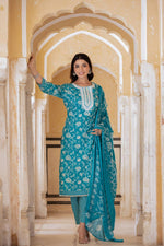 Thumbnail for Varanga Women Blue Printed Round Neck Straight Kurta With Bottom And Dupatta - Distacart