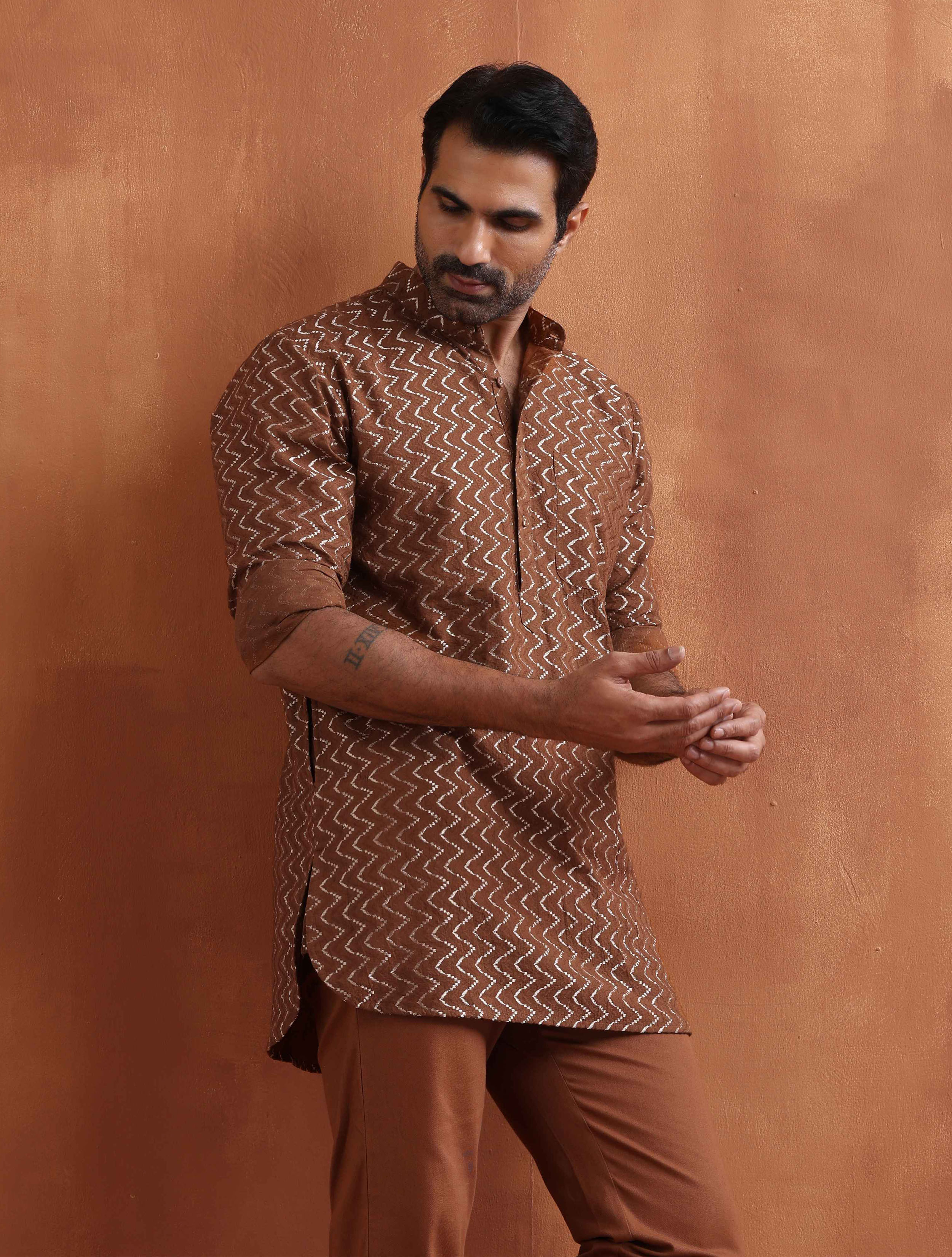 trueBrowns Men's Brown Cotton Dobby Short Kurta - Distacart