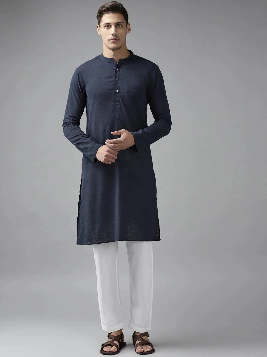 Fabmade Men Navy Blue Cotton Linen Kurta - Distacart