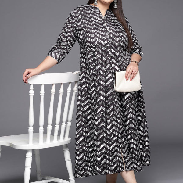 Ahalyaa Plus Size Chevron Print Crepe Mandarin Collar A-line Midi Ethnic Dress - Distacart