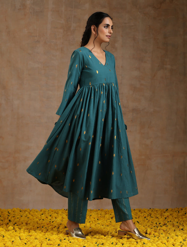 trueBrowns Deep Sea Gold Cotton Kalidar Kurta Set - Distacart