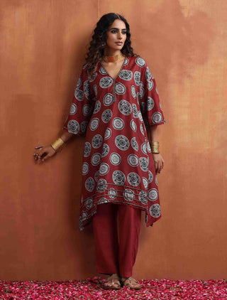 trueBrowns Maroon Print A-line Kurta Co-ord Set - Distacart