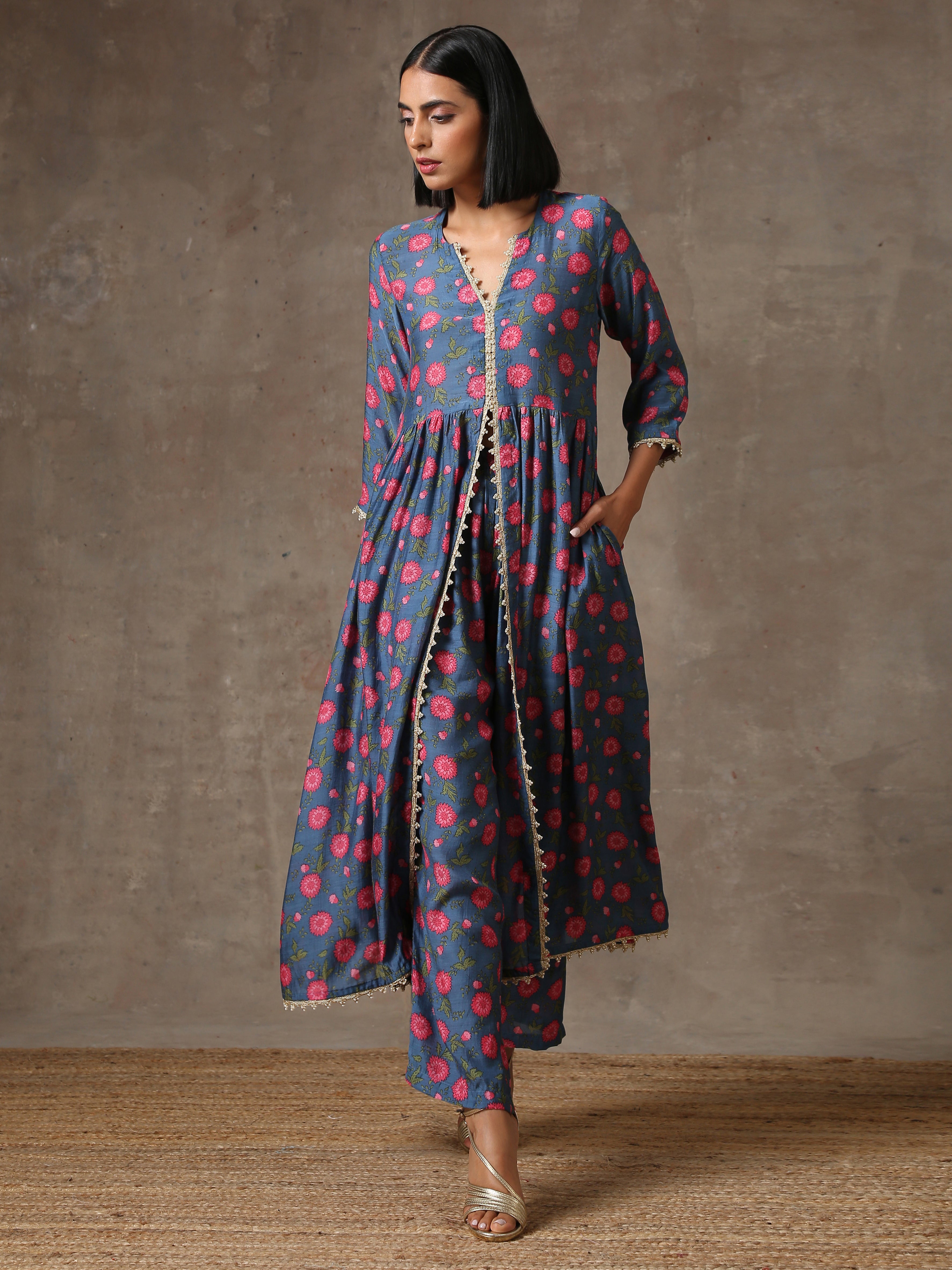 trueBrowns Blue Pink Printed Silk Kurta Pant Set - Distacart