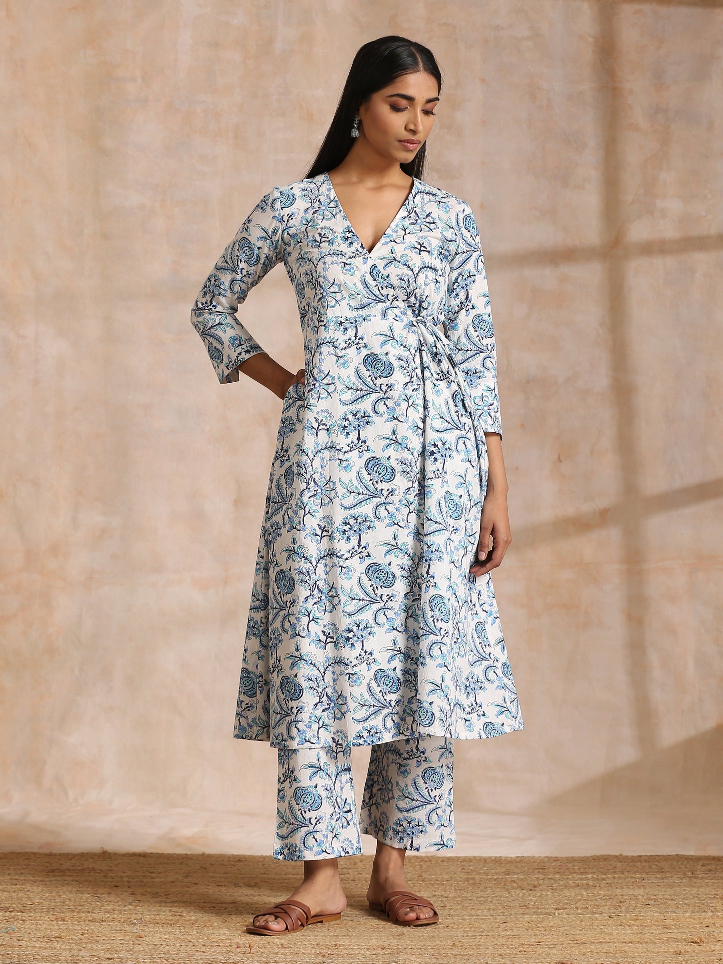 trueBrowns White With Overall Blue Print Cotton Angrakha Kurta Pant Set - Distacart