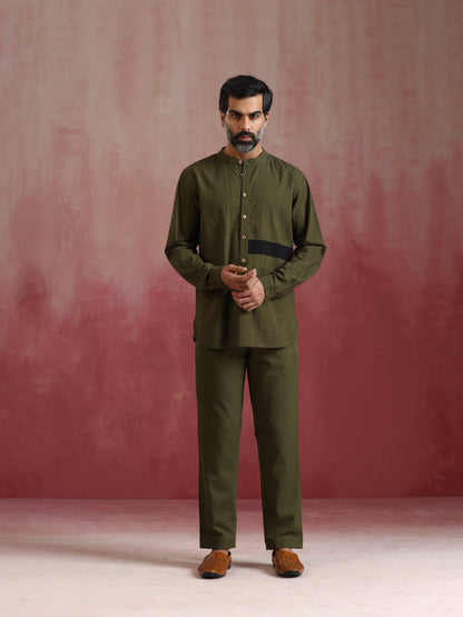 trueBrowns Men's Olive green Cotton Mandarin Collar Kurta Co-ord set - Distacart