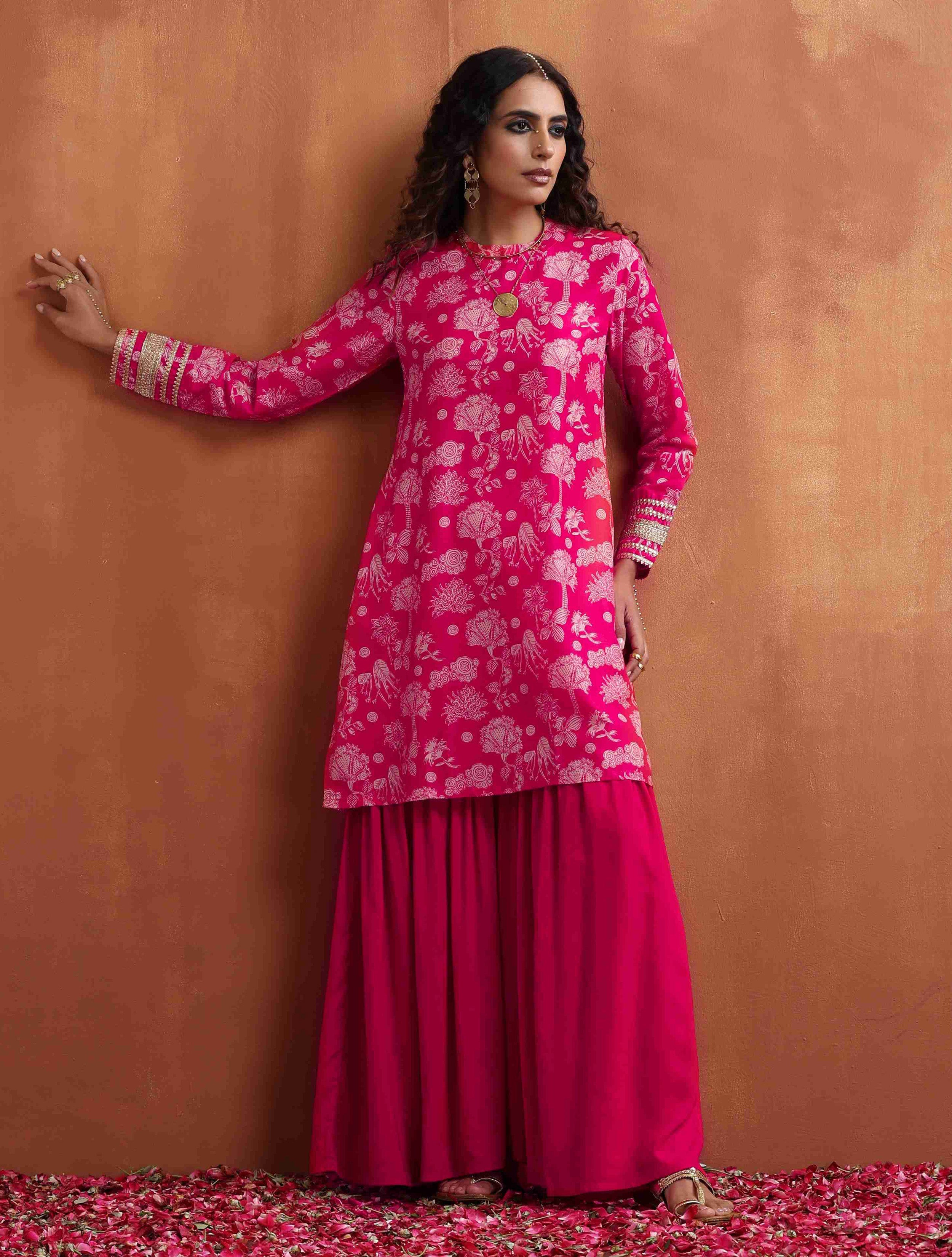 trueBrowns Red Print Sharara Set - Distacart