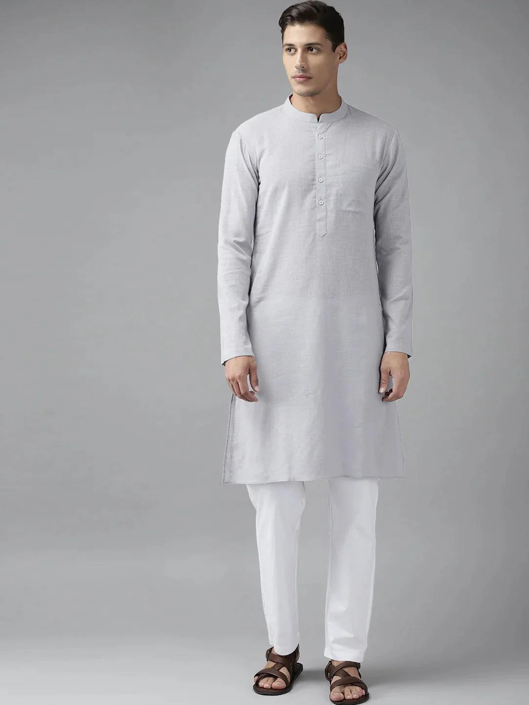 Fabmade Men Grey Cotton Linen Kurta Pyjama - Distacart