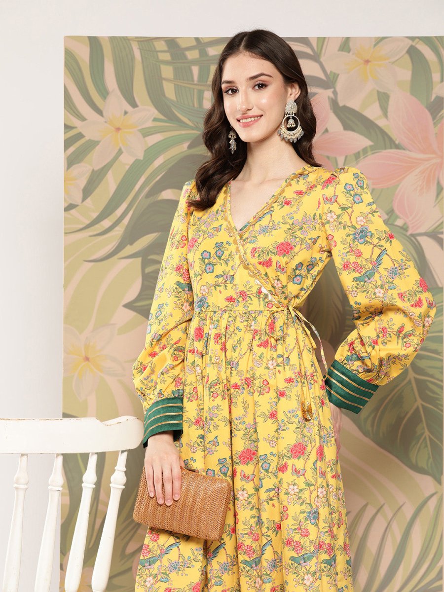 Ahalyaa Floral Printed Tie-Ups Crepe Empire Ethnic Dress - Distacart