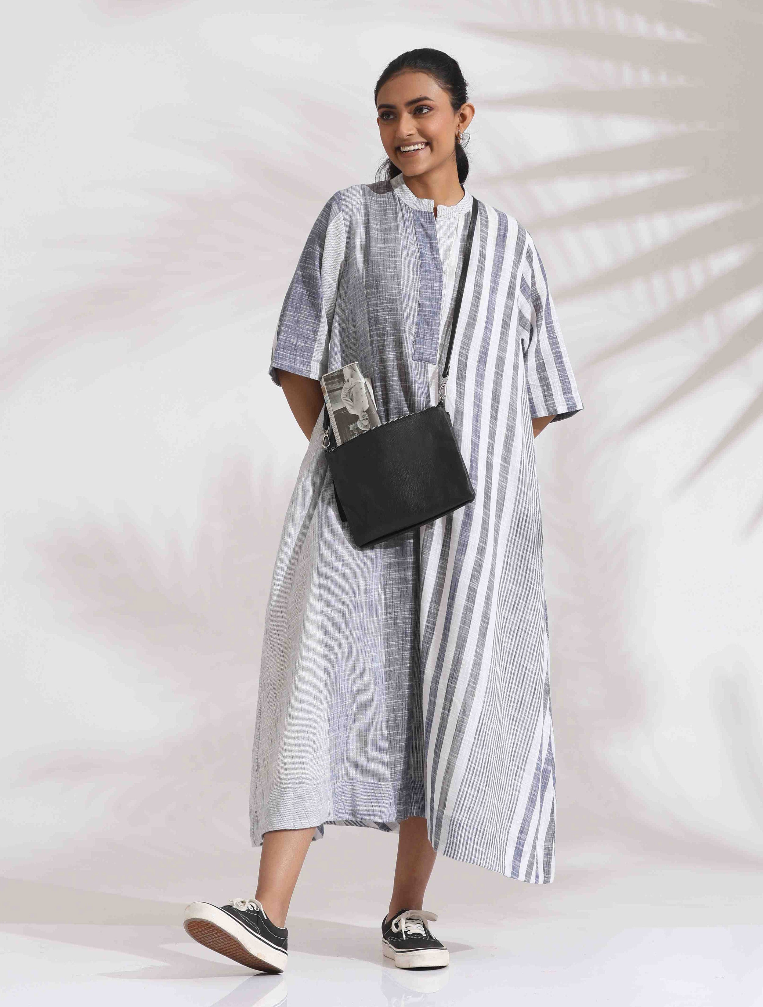 trueBrowns Off-White Cotton Multi Stripe Flared Dress - Distacart