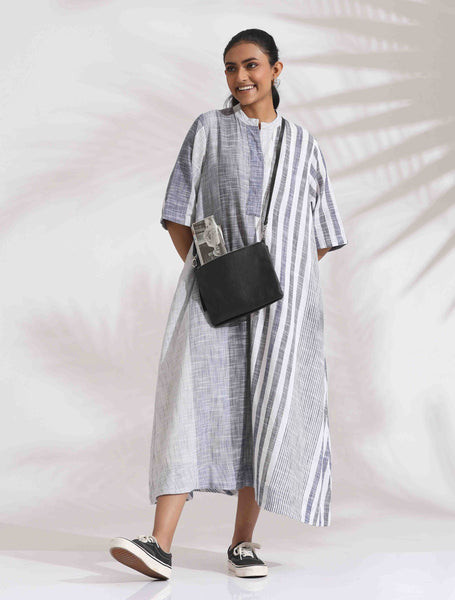 trueBrowns Off-White Cotton Multi Stripe Flared Dress - Distacart