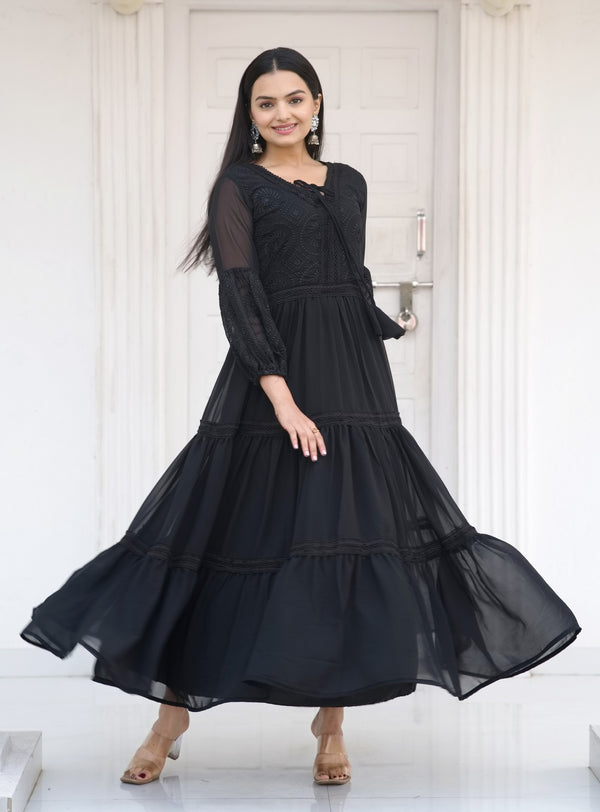 Teeya Creation Black Color Faux Georgette Silk Heavy Embroidery Work Fully Stitched Gown