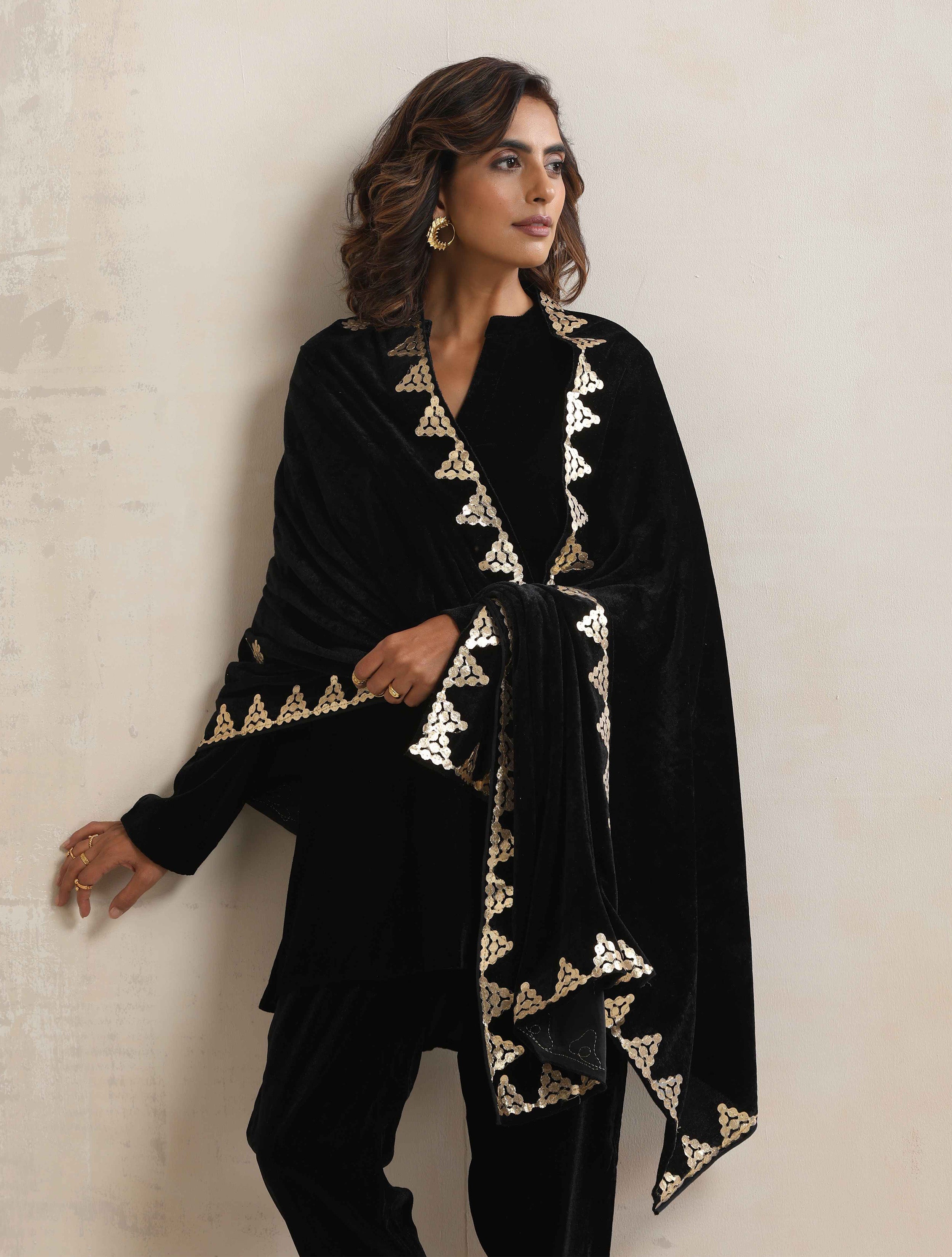 trueBrowns Black Velvet Gota Patti Stole - Distacart