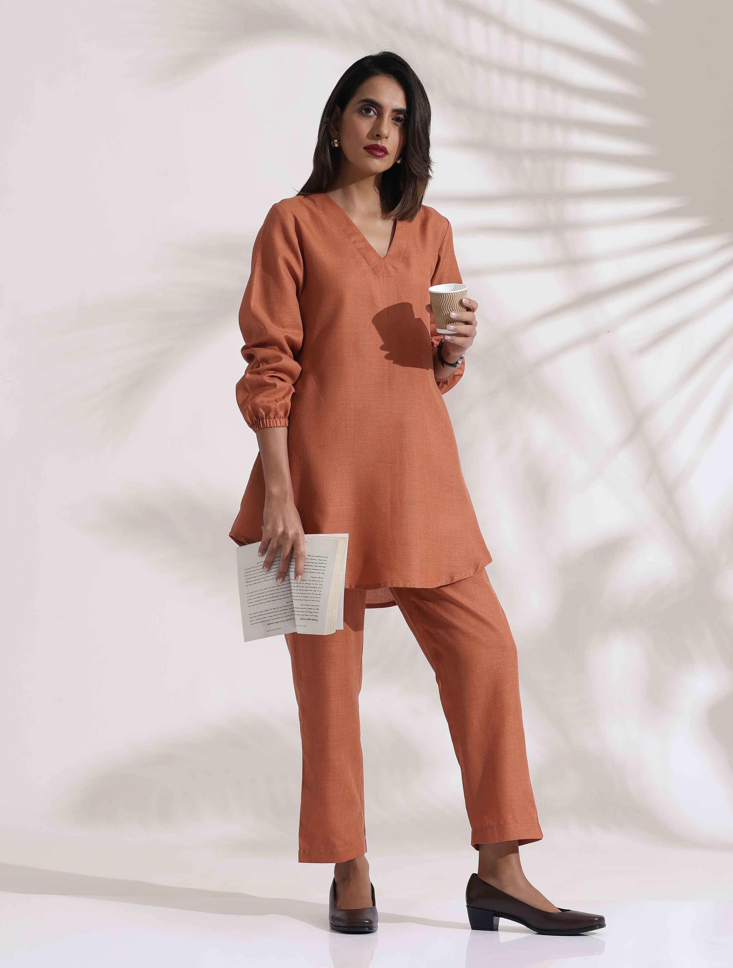 trueBrowns Rust Slub Co-ord Set - Distacart