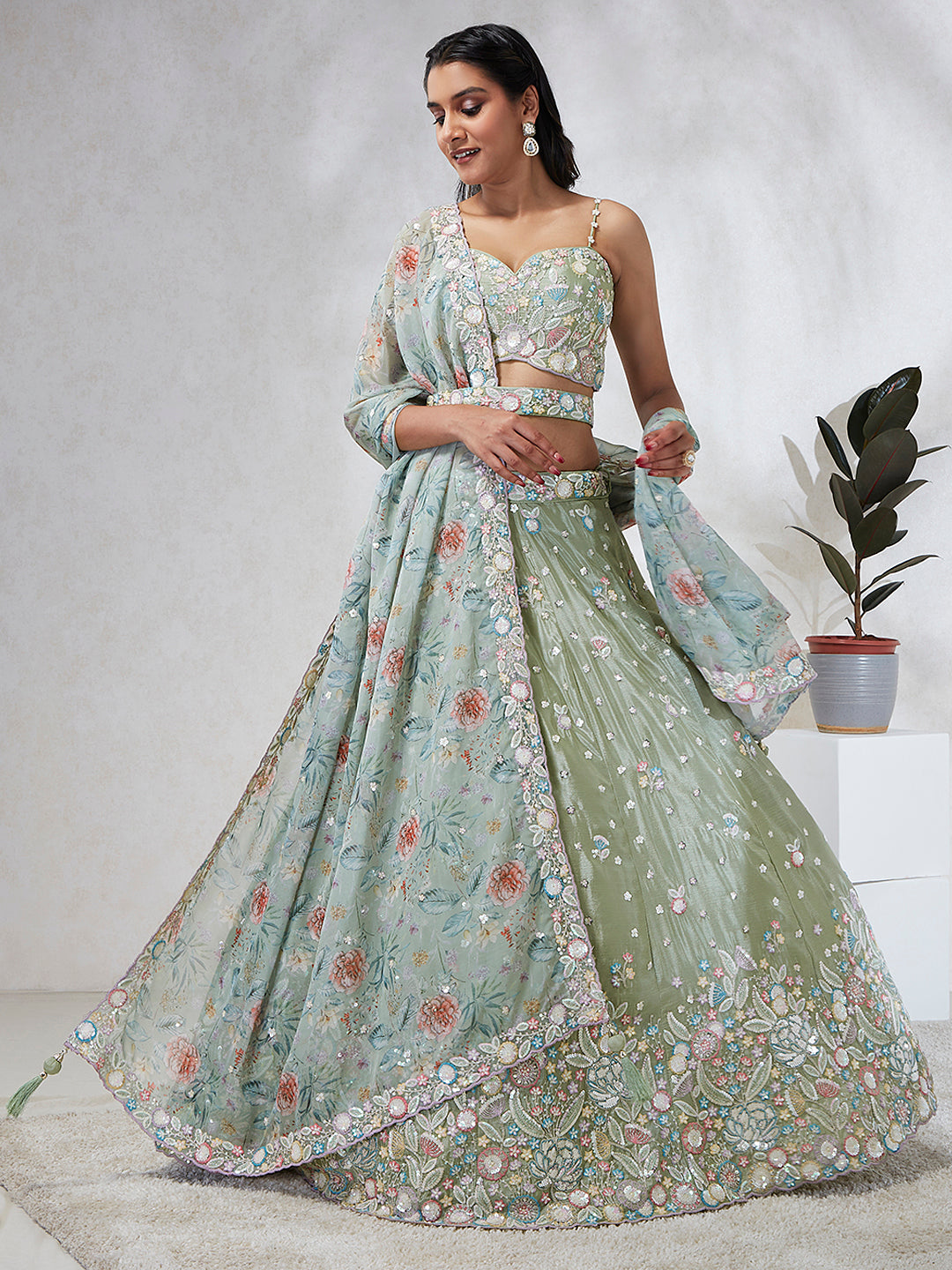 House of Panchhi Lime Green Chiffon Sequins And Thread Embroidery Lehenga Choli & Dupatta - Distacart