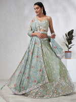 Thumbnail for House of Panchhi Lime Green Chiffon Sequins And Thread Embroidery Lehenga Choli & Dupatta - Distacart