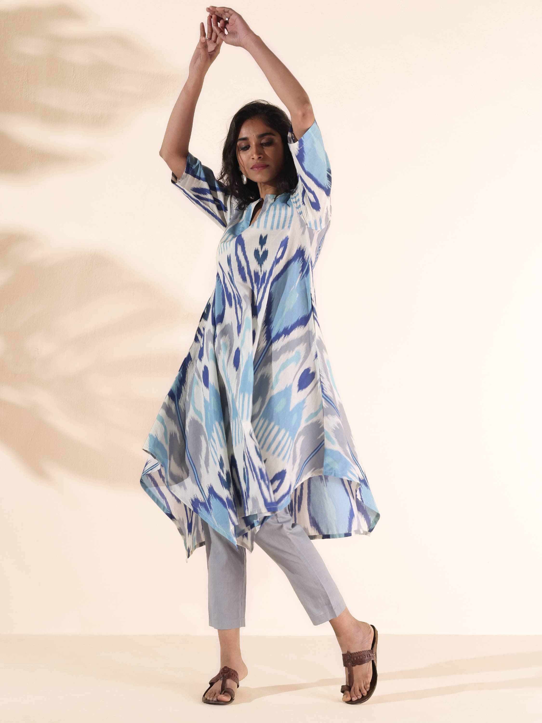 trueBrowns Blue Cotton Ikat Flared Kurta Pant Set - Distacart