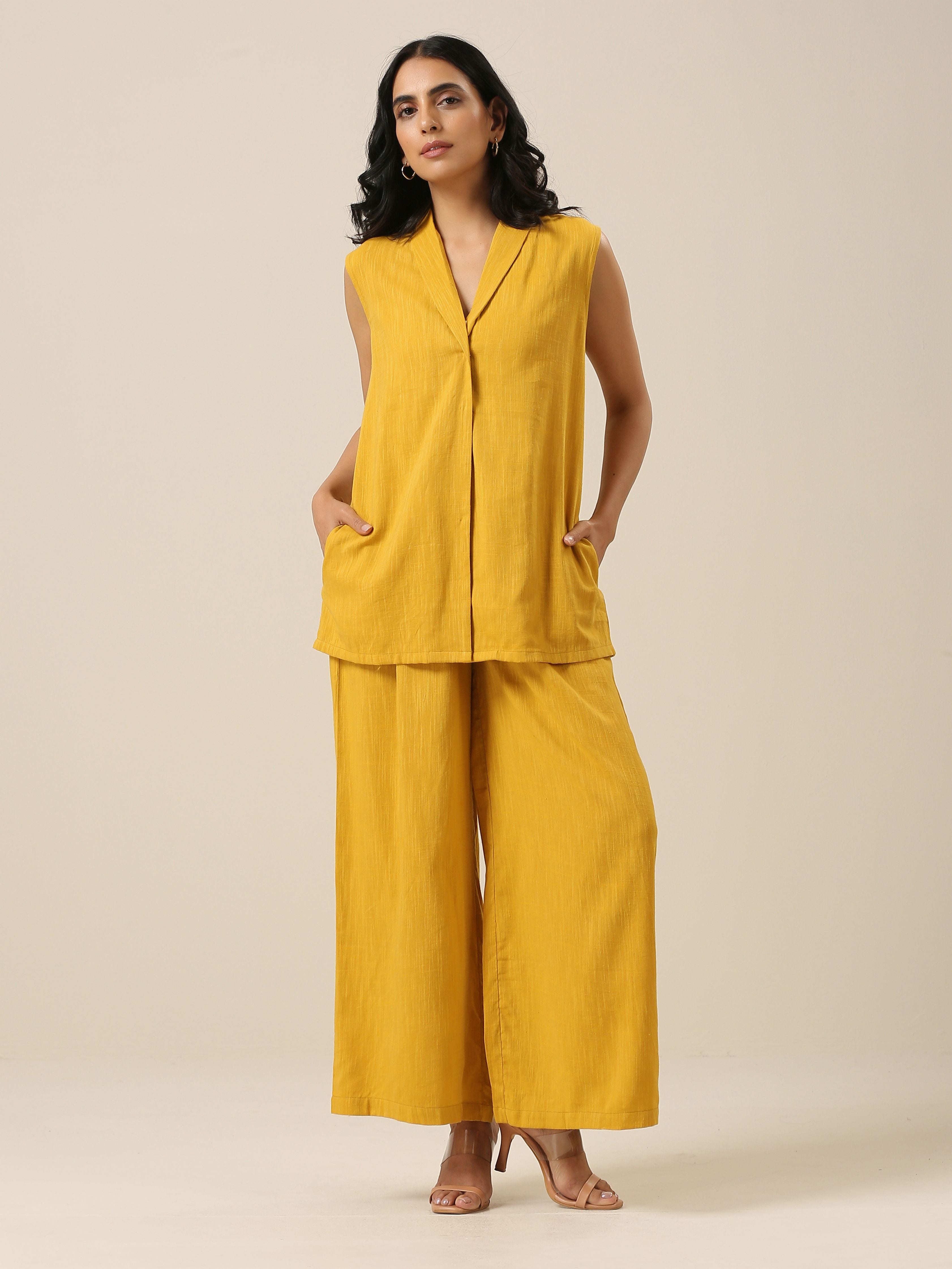 trueBrowns Mustard Yellow Slub Texture Sleevesless Jacket Pant Set - Distacart