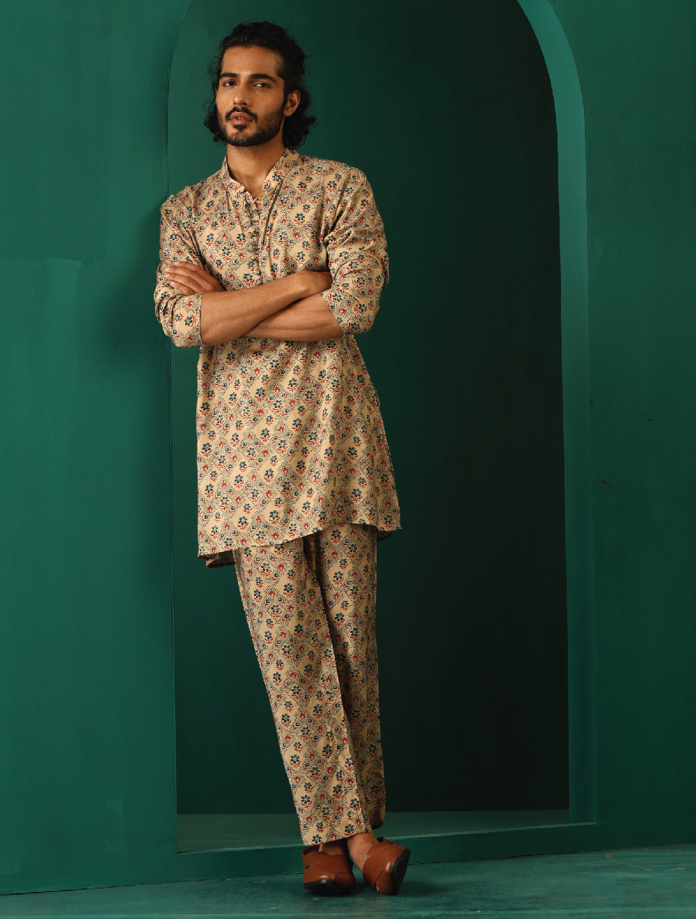 trueBrowns Men's Beige Geometric Muslin Silk Printed Co-ord Set - Distacart