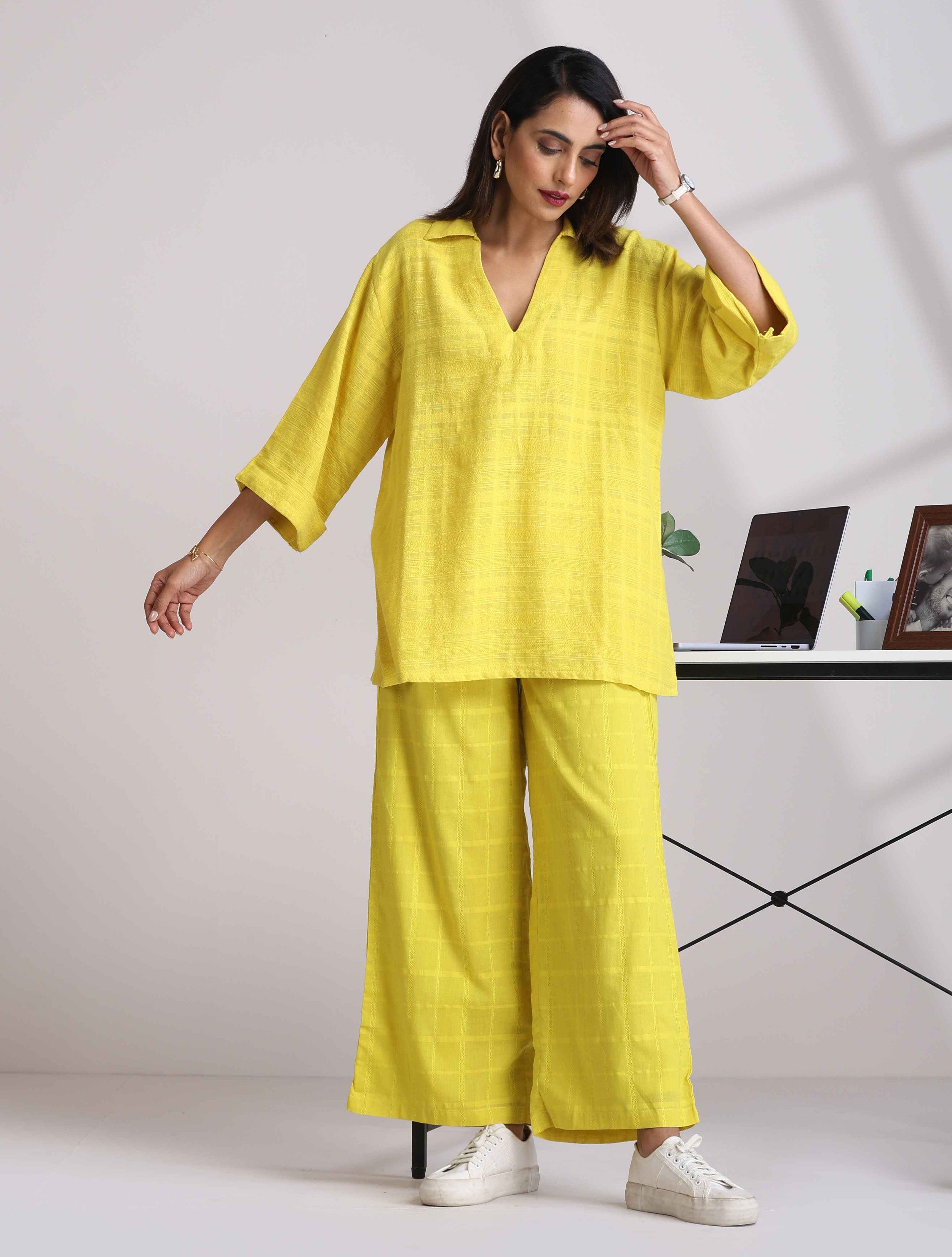 trueBrowns Lime Cotton Dobby V-Neck Co-ord Set - Distacart