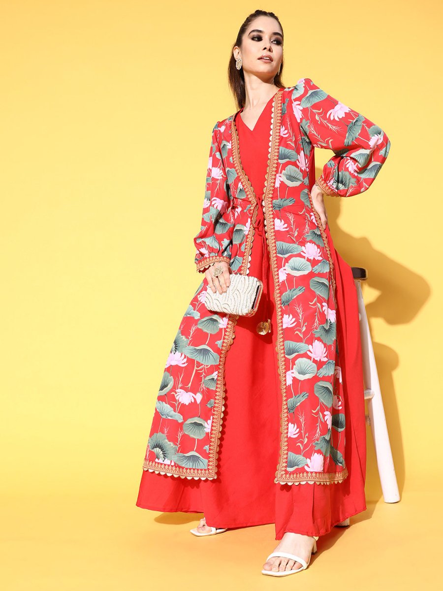 Ahalyaa Floral Printed Tie-Ups Maxi Ethnic Dress - Distacart