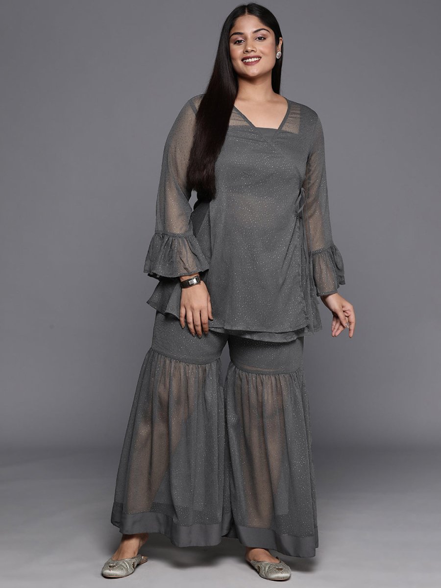 Ahalyaa Plus Size Ethnic Printed Chiffon Wrap Tunic with Sharara - Distacart