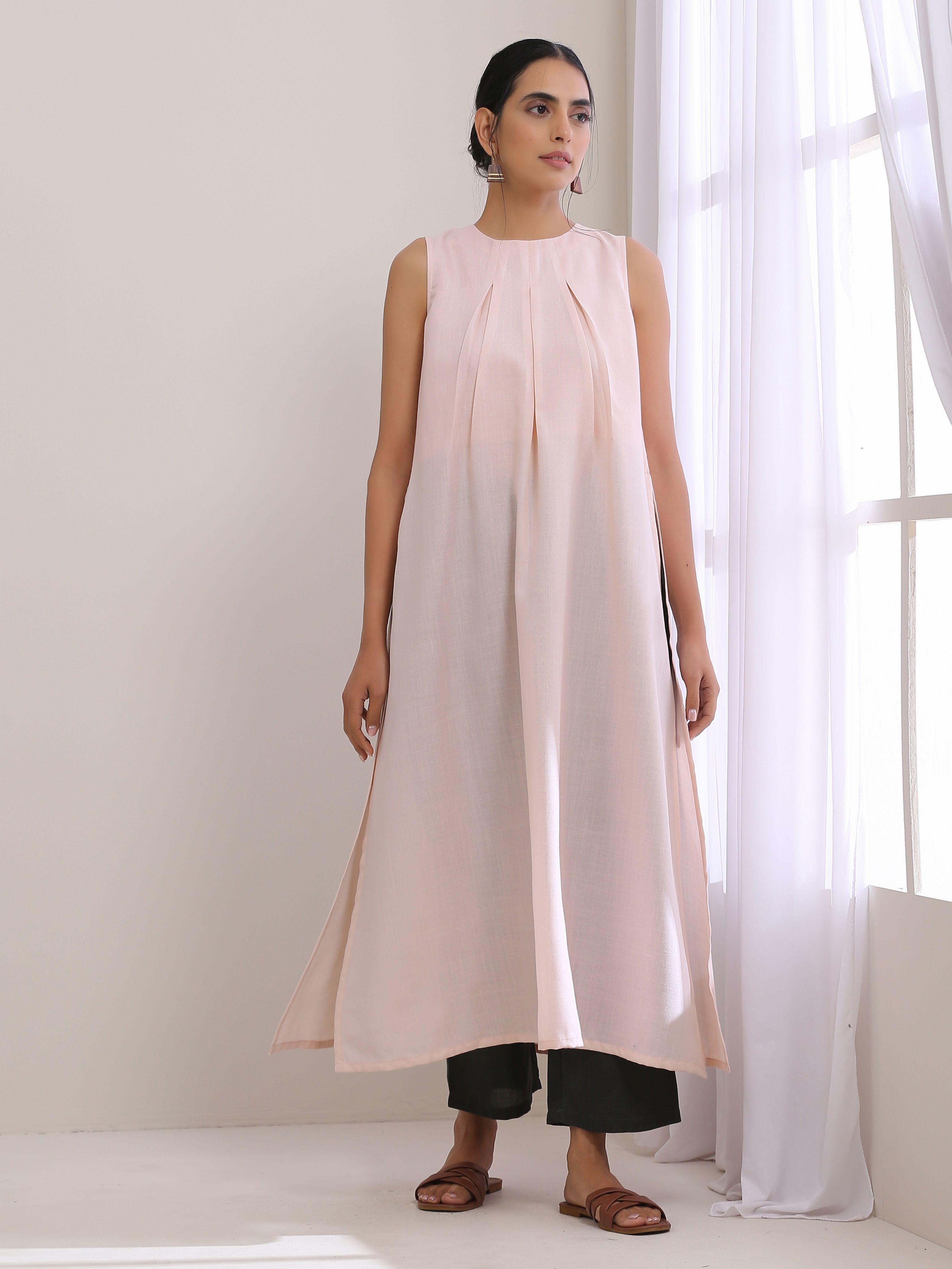 trueBrowns Pink Slub Sleeveless Kurta Pant Set - Distacart