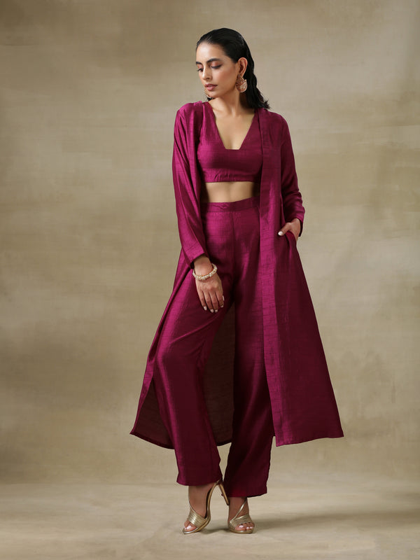 trueBrowns Purple Textured Silk Overlay Jacket Blouse Pant Set | Relove