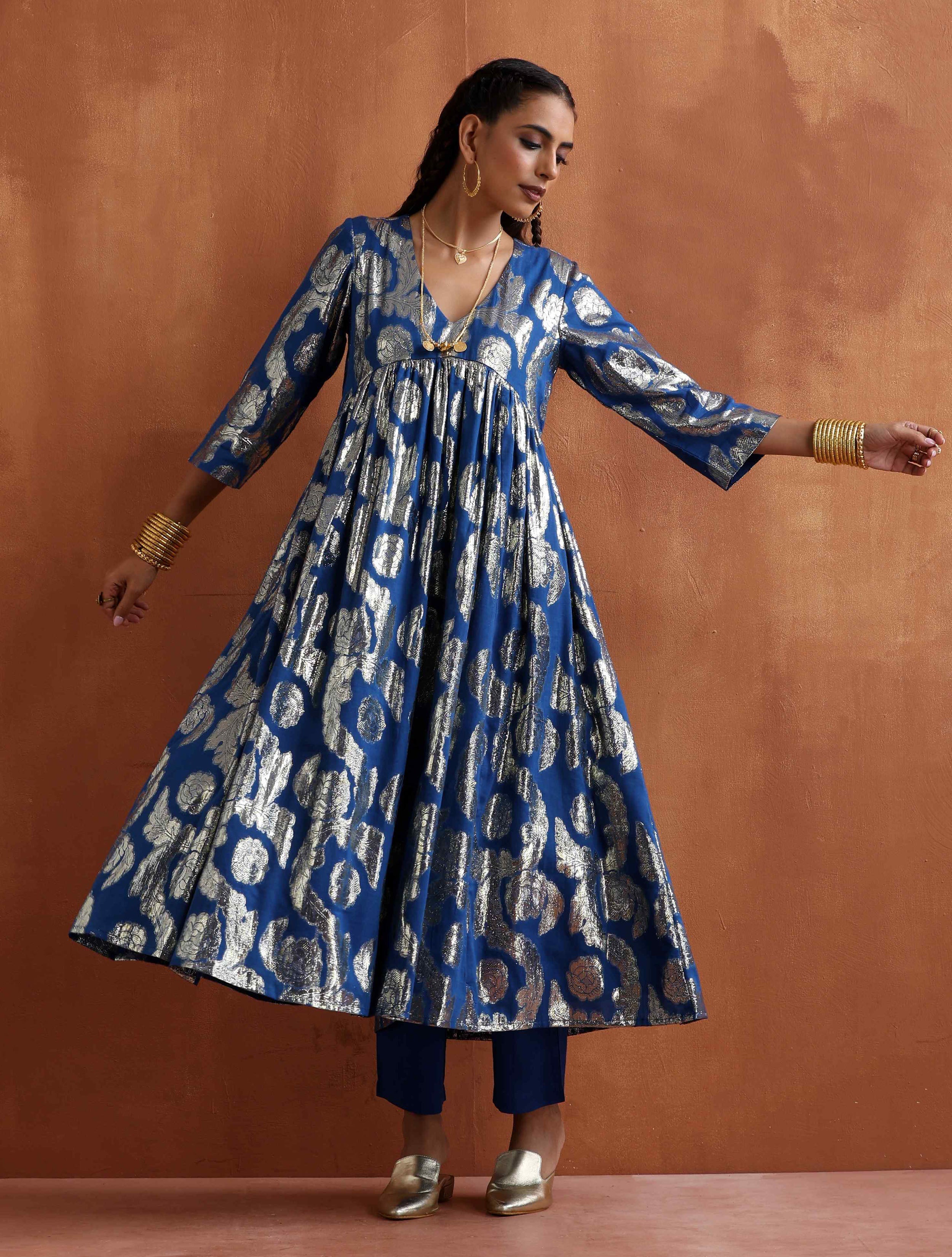 trueBrowns Blue Metallic Flared Anarkali Kurta Set - Distacart