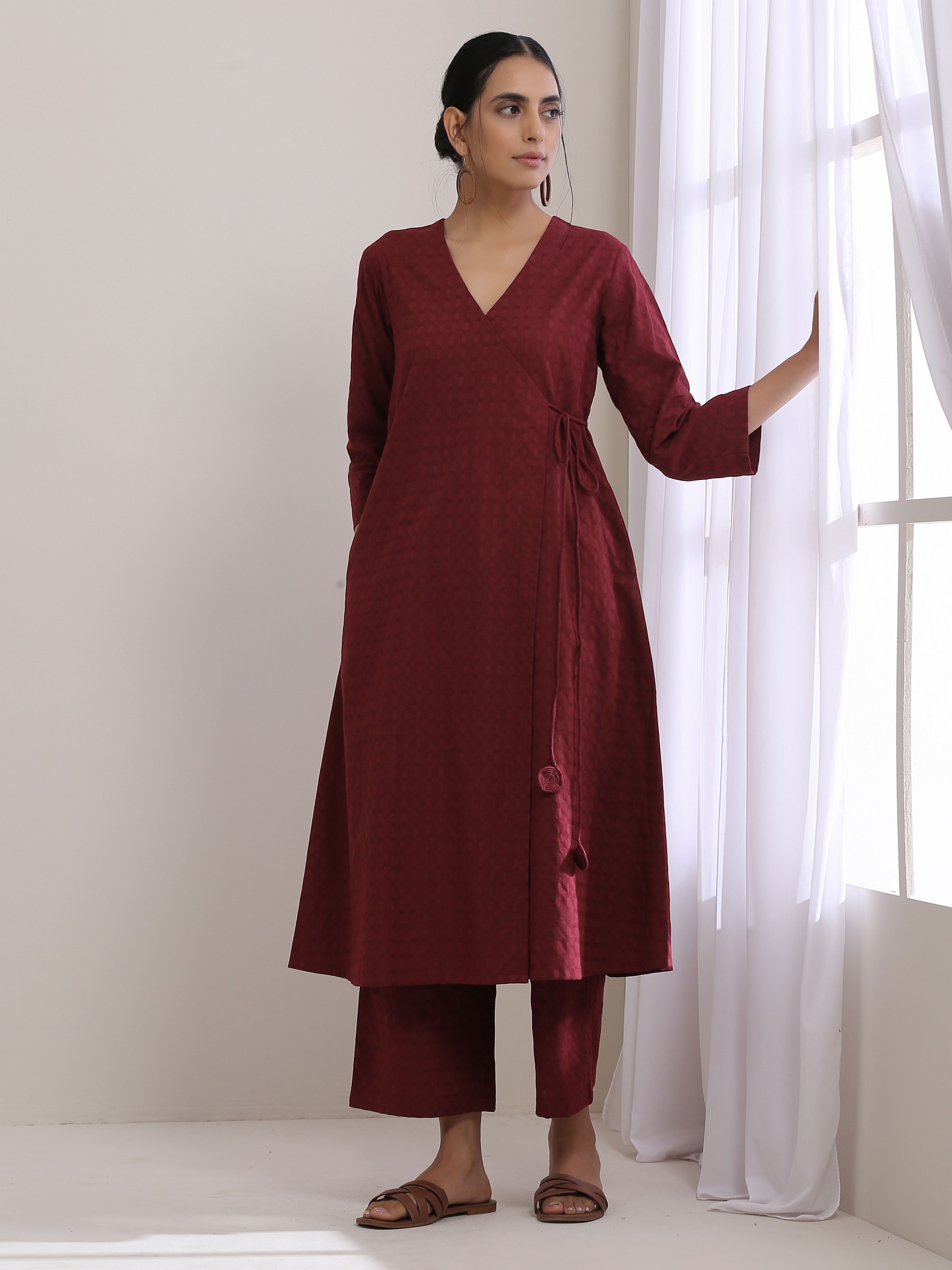 trueBrowns Ruby Wine Dobby Angrakha Pant Set - Distacart