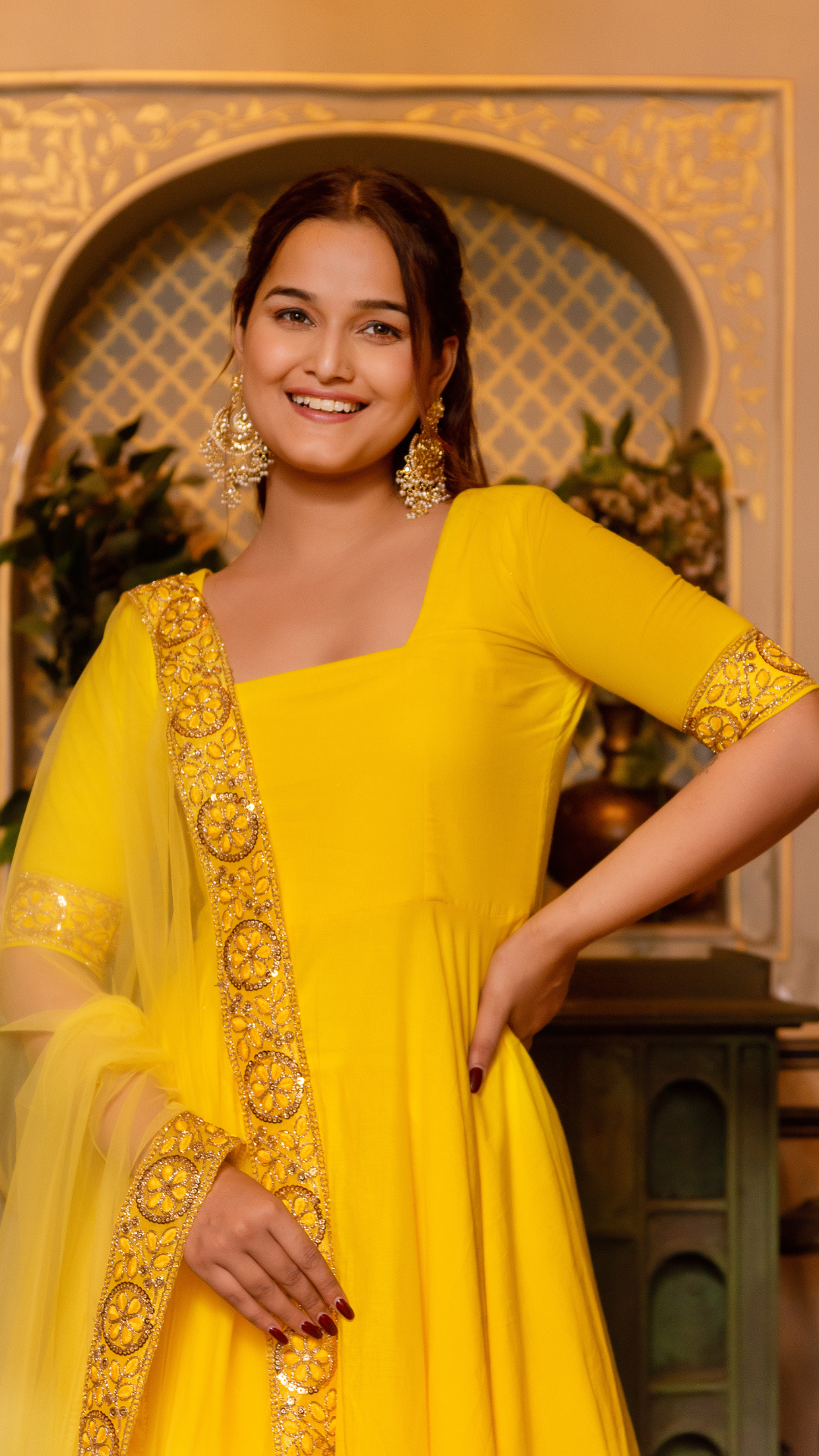 Pomcha Jaipur Gaurangi Yellow Gota Lace Embroidery Cotton Anarkali Set