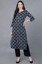 Thumbnail for Ahika Navy Blue Rayon Blend Straight Kurta