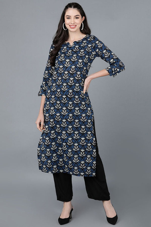 Ahika Navy Blue Rayon Blend Straight Kurta