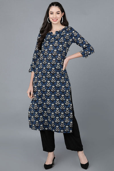 Ahika Navy Blue Rayon Blend Straight Kurta