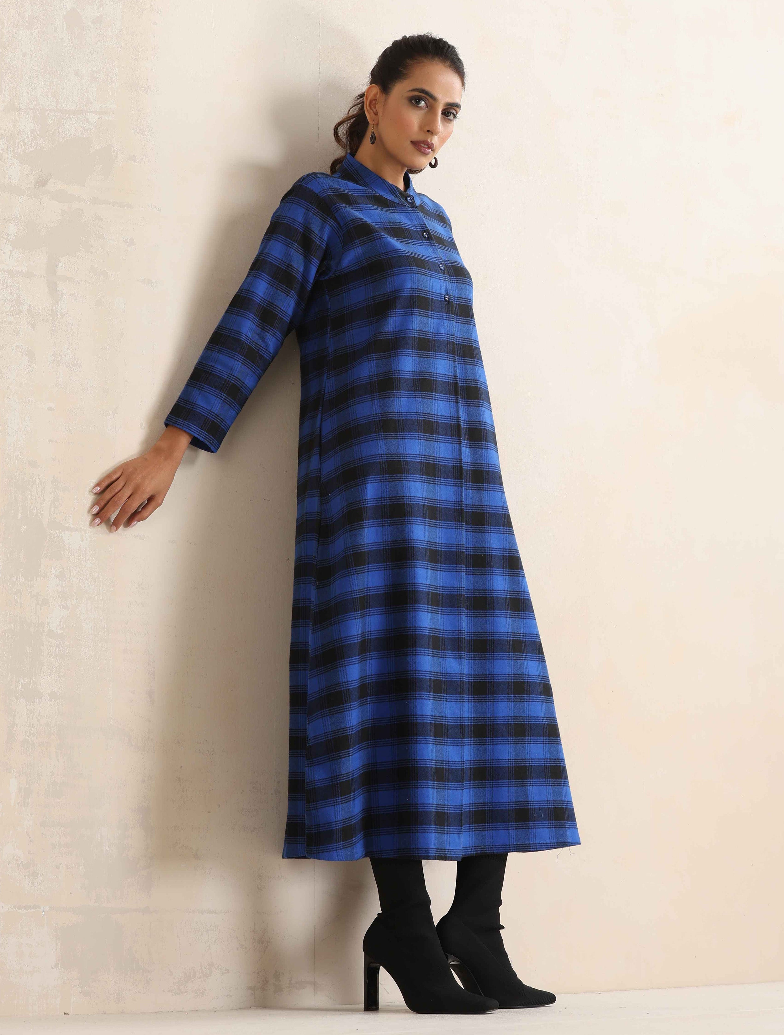 trueBrowns Blue Check Flared Winter Dress - Distacart