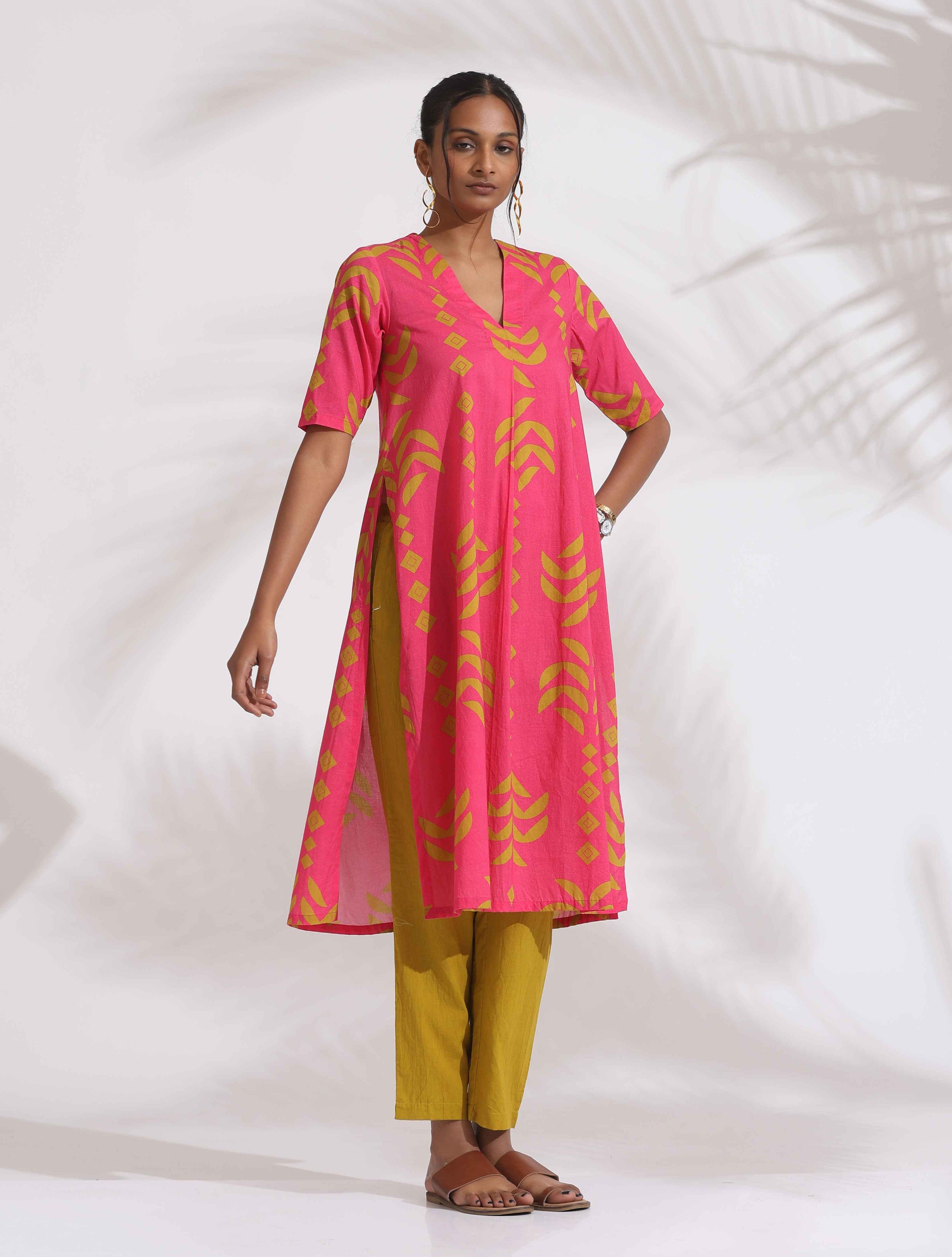 trueBrowns Pink Cotton Print A-line Kurta Set - Distacart